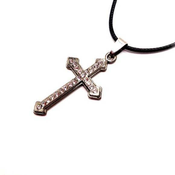 Black + Rhinestone Cross On Black Cord Choker Necklace 17" - Picture 5 of 10